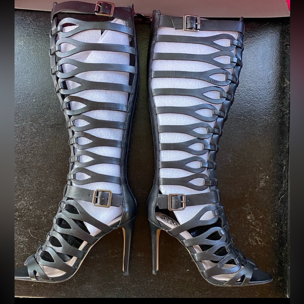 BLACK VINCE CAMUTO LEATHER OPEN WEAVE BOOTS SZ 6.5 NWT